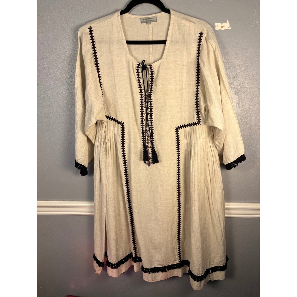 WORLD MARKET Tunic Dress Boho Embroidered Women L/XL Ivory Y2K Minimalist Fringe